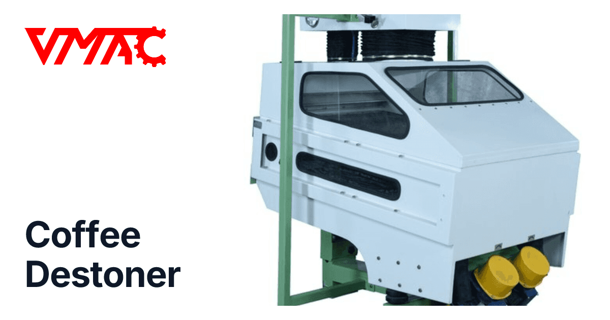 VMAC coffee destoner reference with a separation housing, green supporting frame and drive components. Reference equipment photograph.