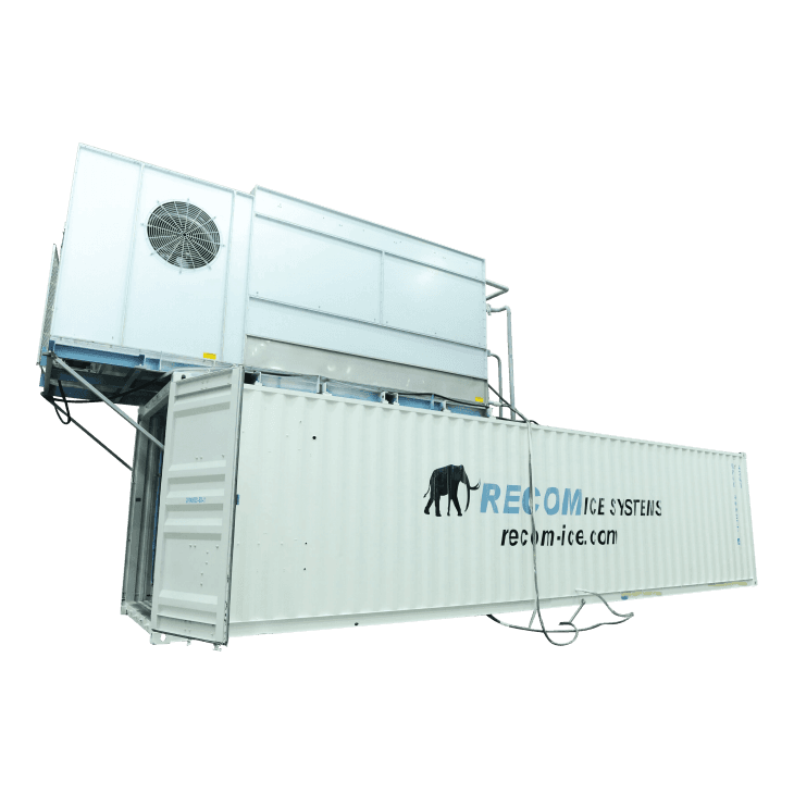 Recom containerized ice plant with mounted refrigeration equipment. Reference equipment photograph.