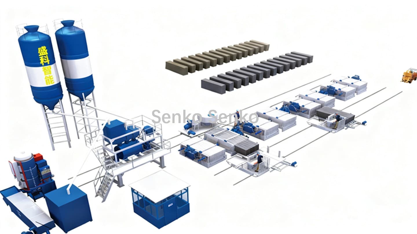 Senko manufacturer equipment layout rendering of a lightweight wall-panel production line. Manufacturer product illustration.