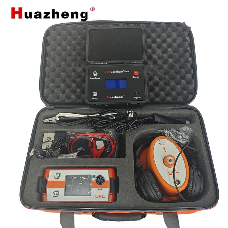 Cable locating transmitter, receiver, probe and connection leads arranged in a protective case. Reference equipment photograph.