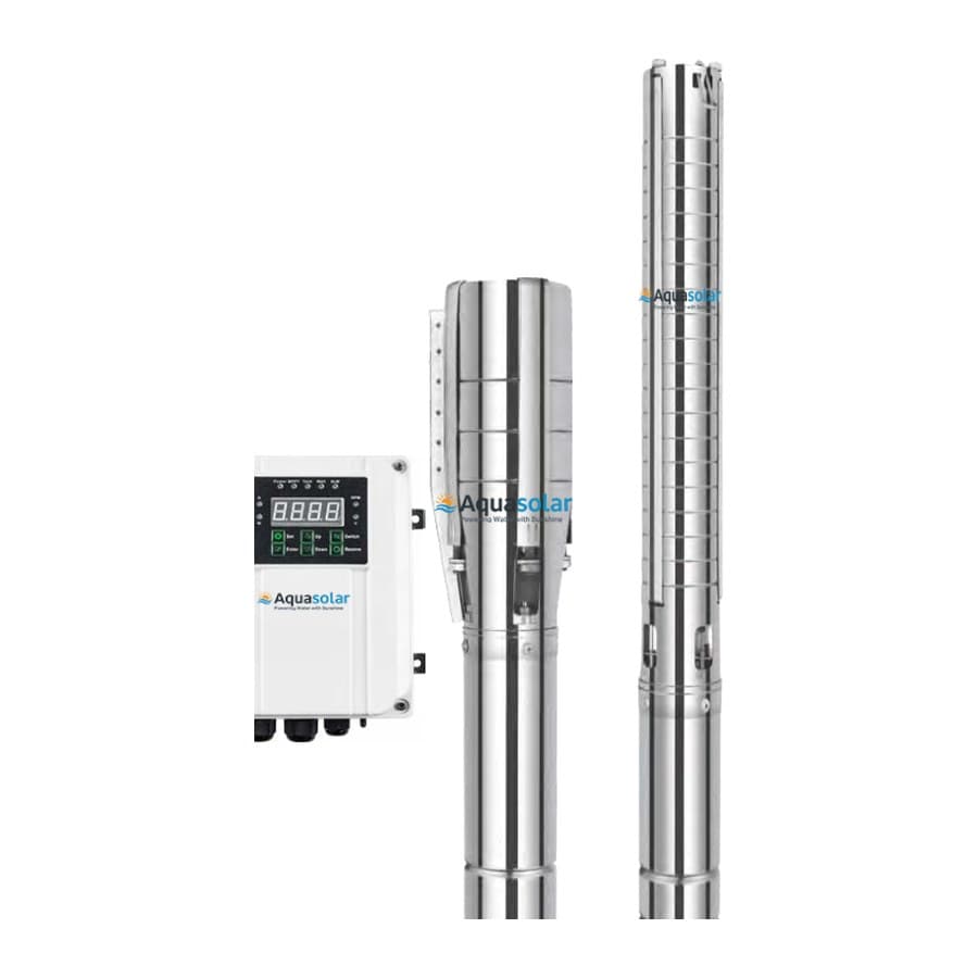 Stainless borehole pumping assemblies and a solar pump controller arranged on a white background. Reference equipment photograph.