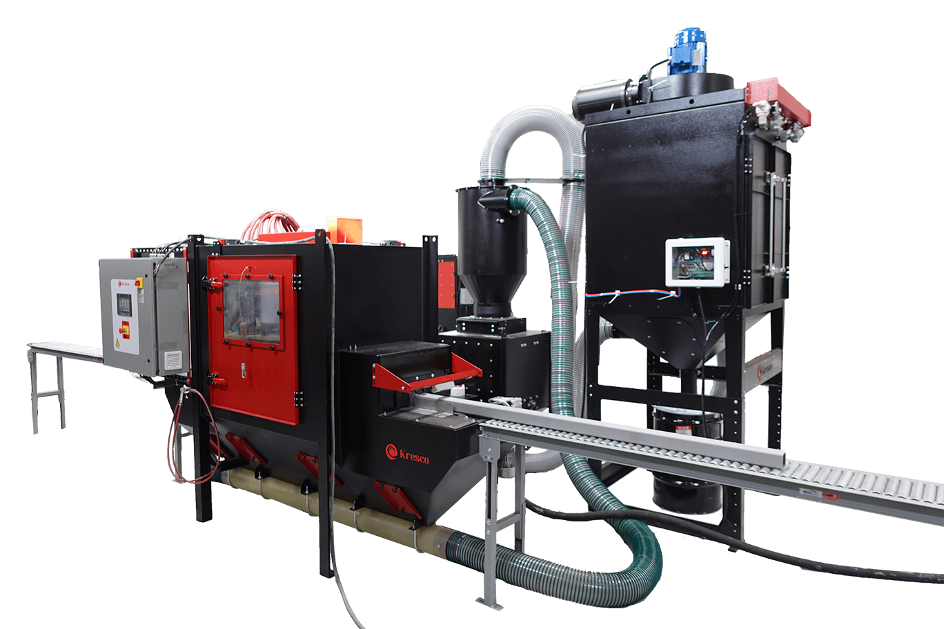Kresco manufacturer product presentation of the inline sandblast conveyor system. Manufacturer product illustration.