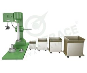 Green laboratory flotation drive with an impeller shaft and several removable test cells. Reference equipment photograph.
