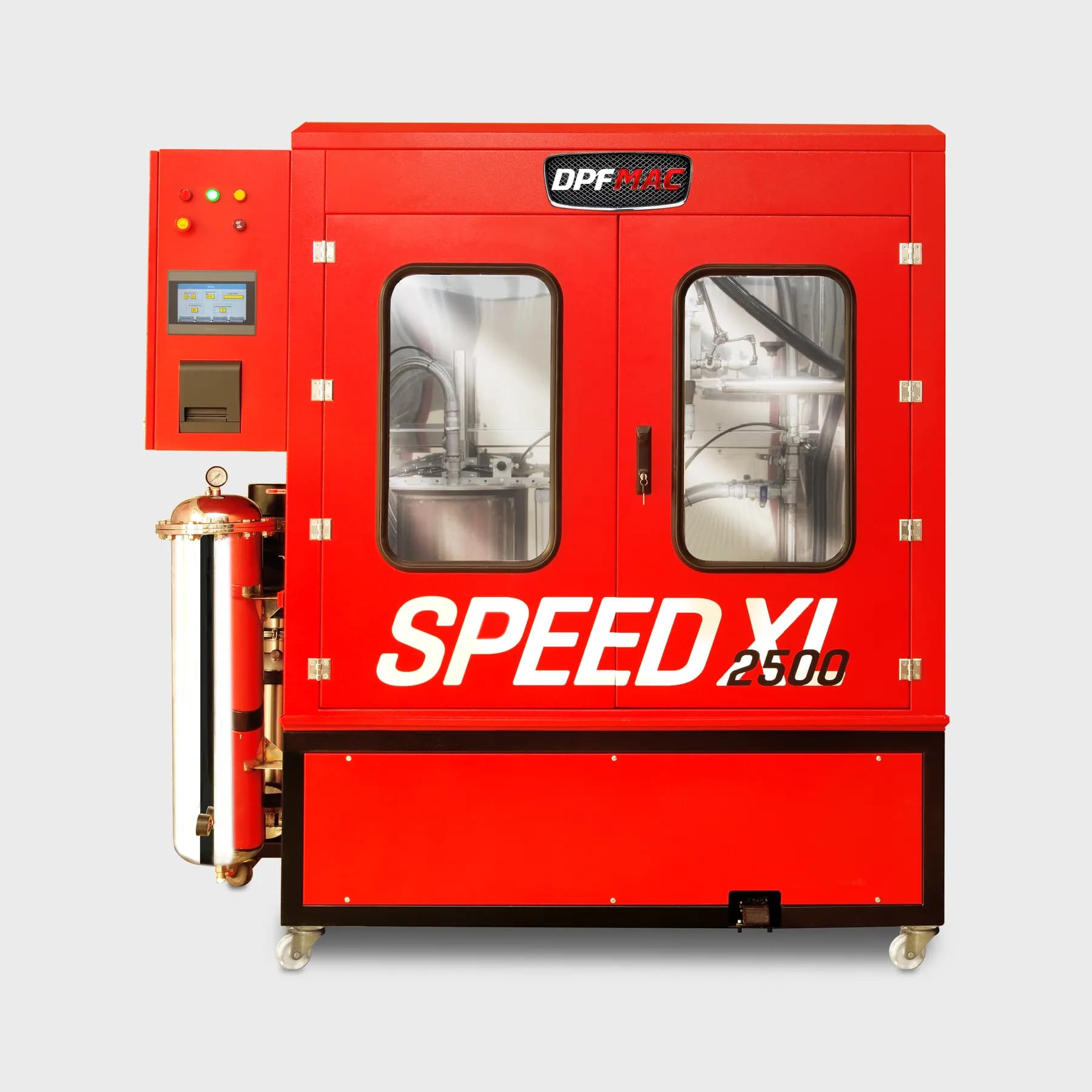 Red DPF cleaning cabinet with two transparent doors, internal cleaning pipes, touchscreen and filter vessel. Reference equipment photograph.