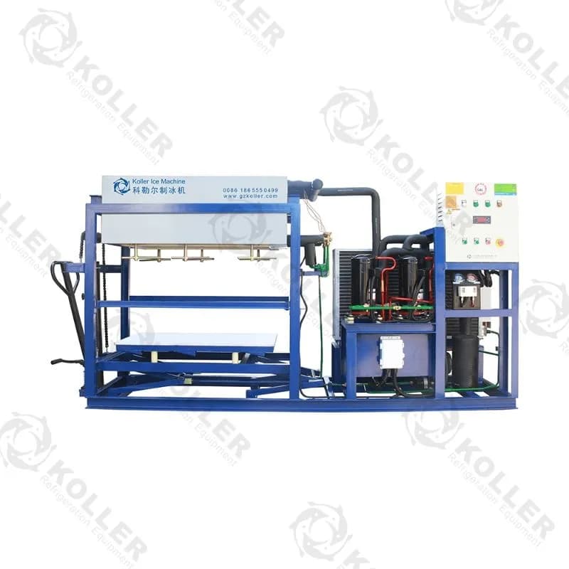 Koller direct-cooling block ice equipment with evaporator frame and refrigeration unit. Reference equipment photograph.