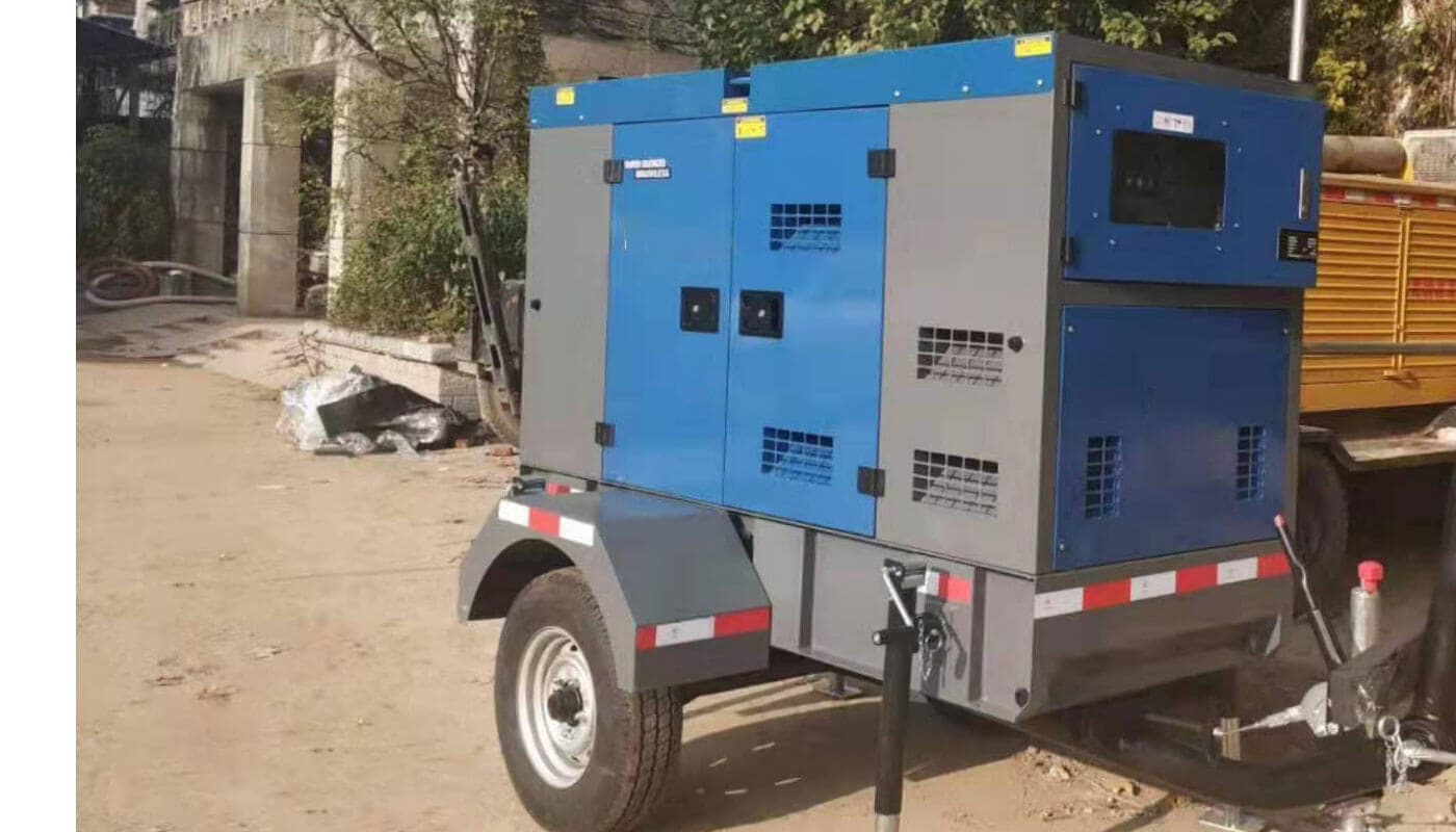 Elitech enclosed diesel generator mounted on a road trailer outdoors. Reference equipment photograph.