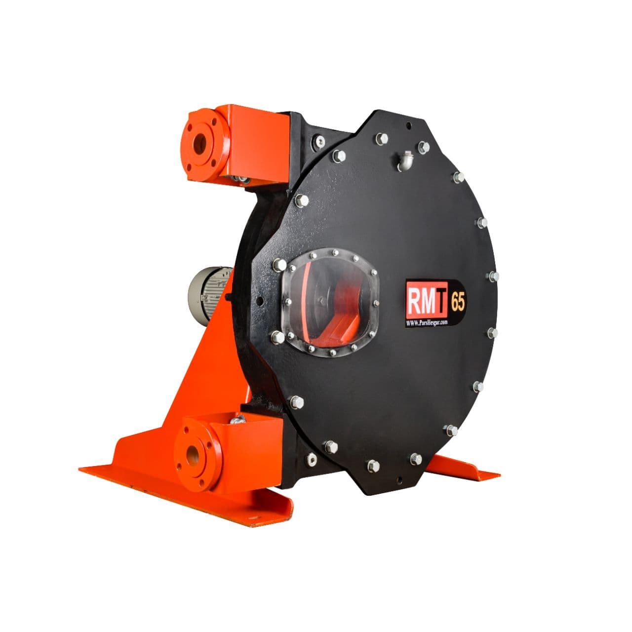 Complete orange and black peristaltic hose pump with a round pumping housing, geared drive and RMT65 marking. Reference equipment photograph.