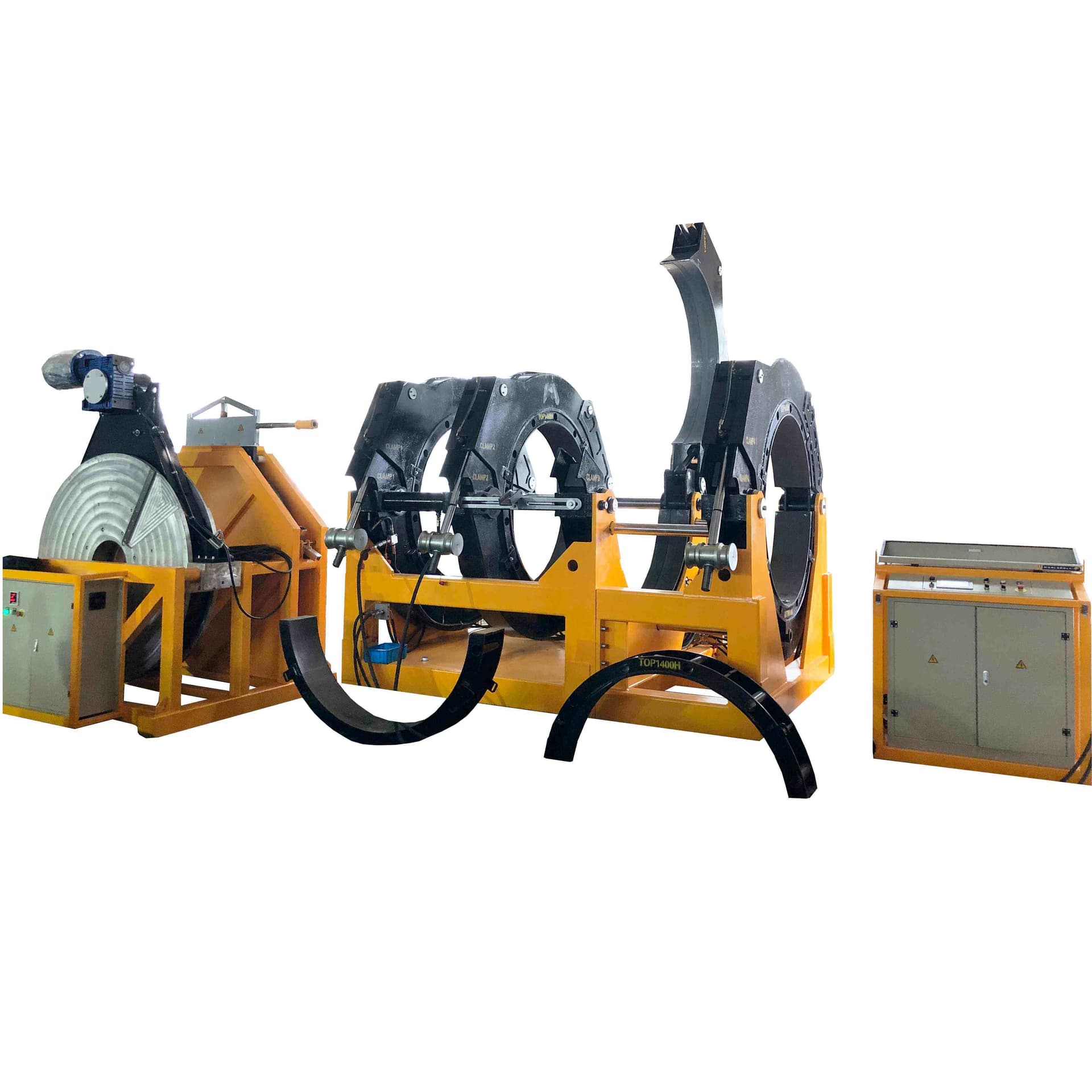 Yellow pipe-clamping frame, facing tool and heater with a hydraulic power unit. Reference equipment photograph.
