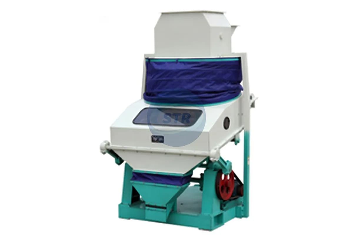 White and green grain destoner with an angled separation section and drive. Reference equipment photograph.