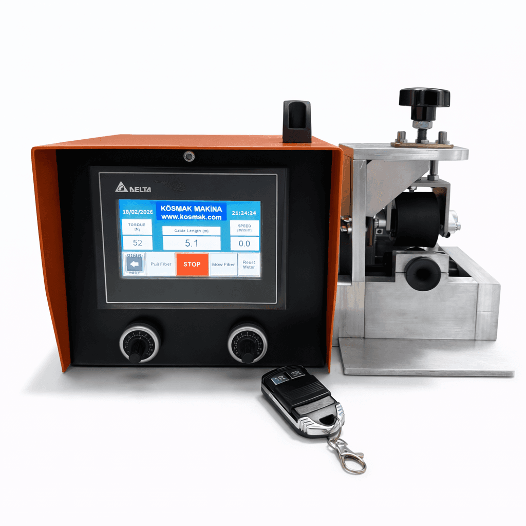 Compact cable-feeding mechanism with display, rollers and remote controller. Reference equipment photograph.