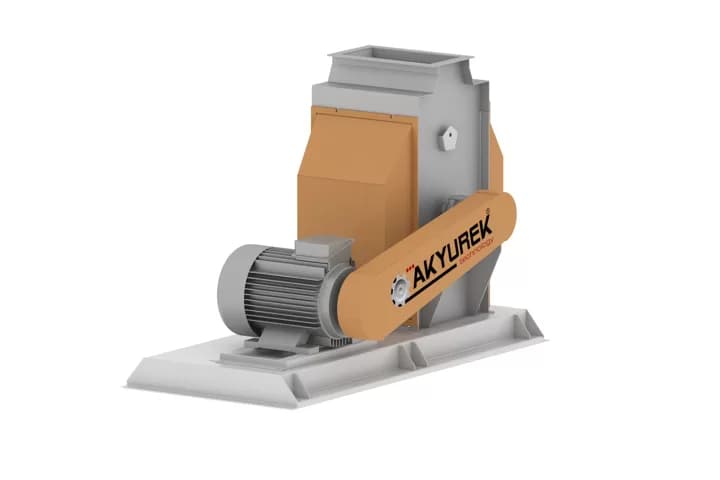 Product illustration of a grain hammer mill with feed hopper, upright grinding chamber and guarded motor drive. Manufacturer product illustration.