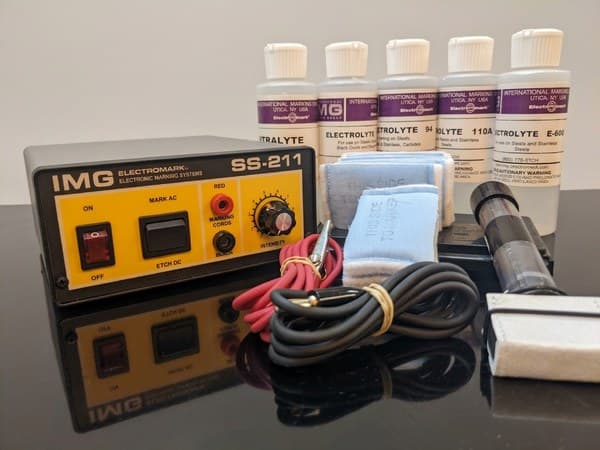 IMG SS-211 electrochemical marking power unit, hand applicators, leads and fluids. Reference equipment photograph.
