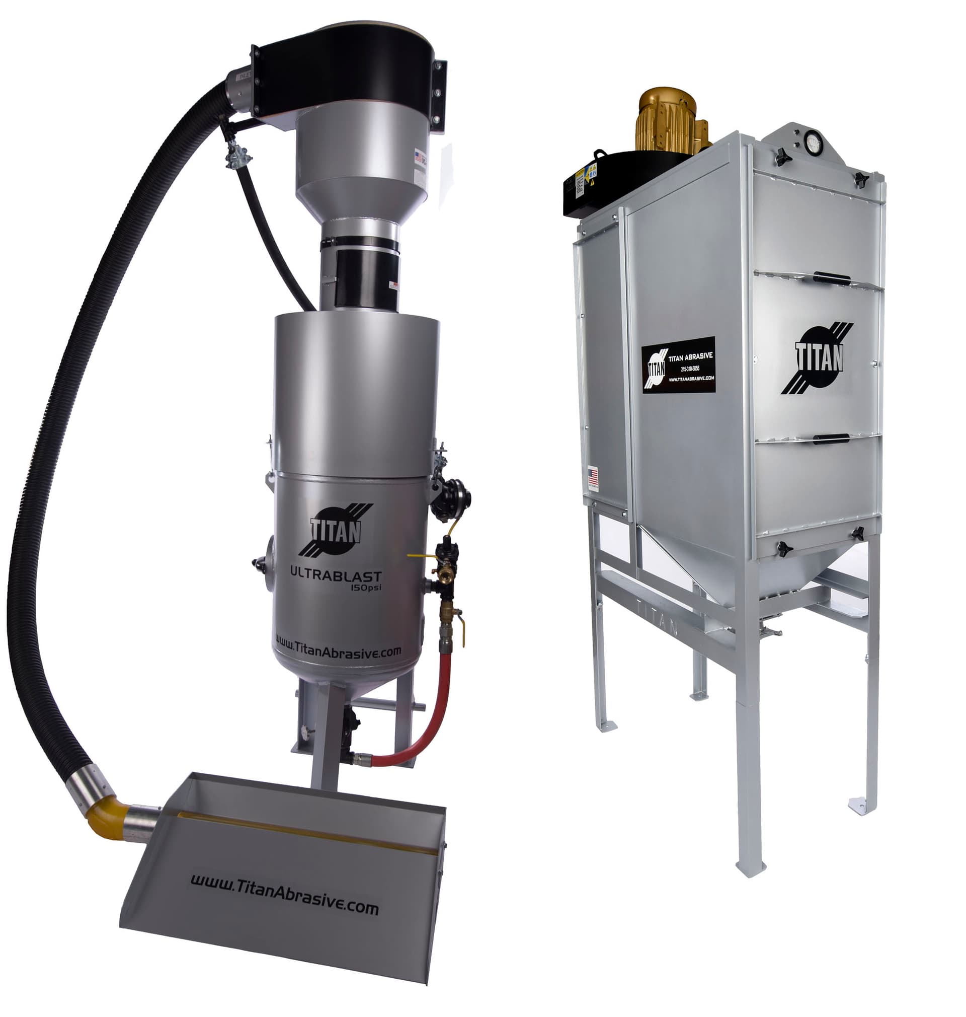 Photograph of an abrasive recovery assembly with pickup hopper, flexible recovery hose, cylindrical separator/blast assembly and separate dust collector. Reference equipment photograph.