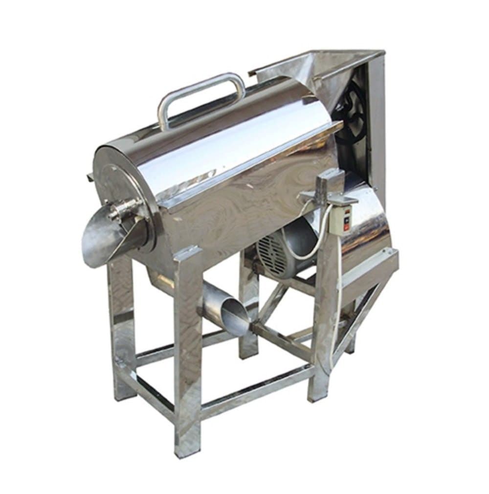 Envitro fruit pulper with a cylindrical screened processing body, motor, hopper and separate discharge outlets. Reference equipment photograph.
