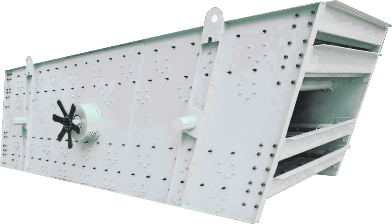 Inclined rectangular vibrating screen box with several decks and a steel frame. Reference equipment photograph.