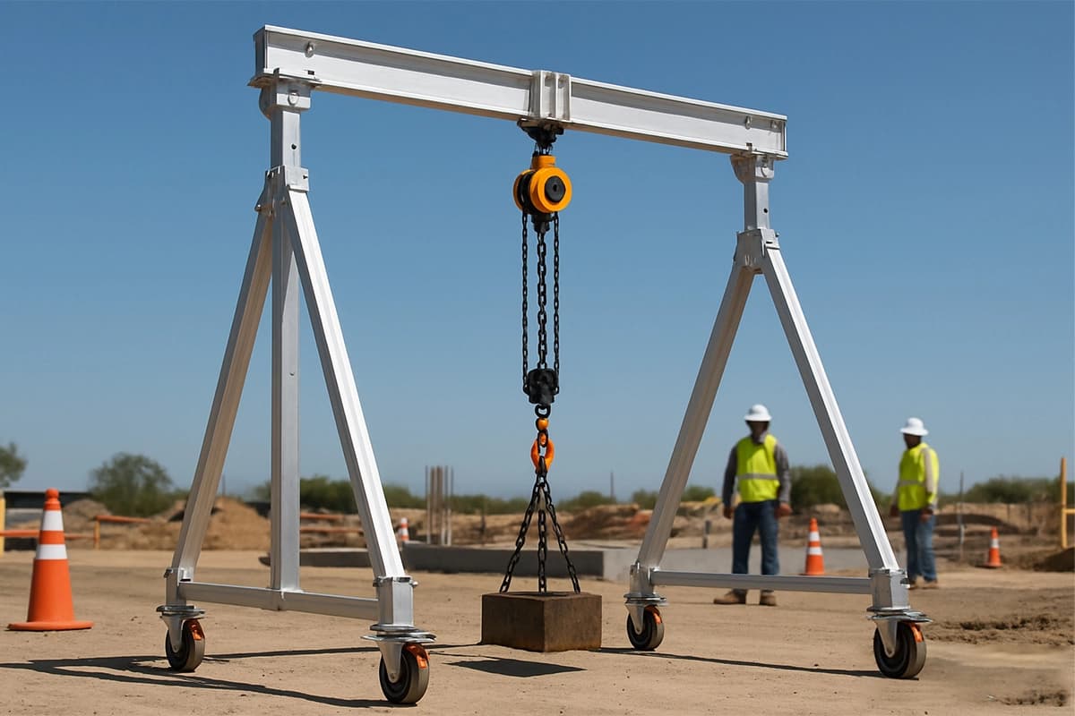 Aluminum gantry with caster-mounted legs and a suspended hoist outdoors. Reference equipment photograph.