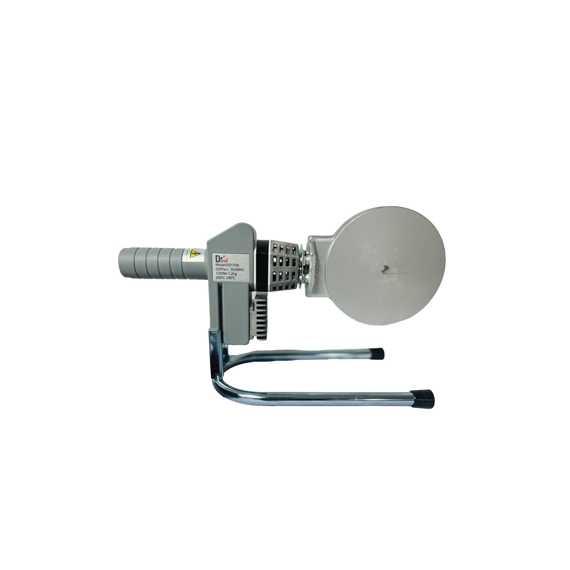 Socket fusion heater with a handle, stand and circular heating plate. Reference equipment photograph.
