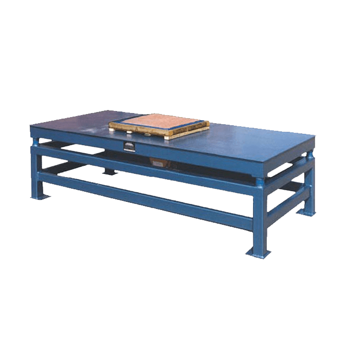 Armcon blue steel vibrating table supporting a mould. Reference equipment photograph.