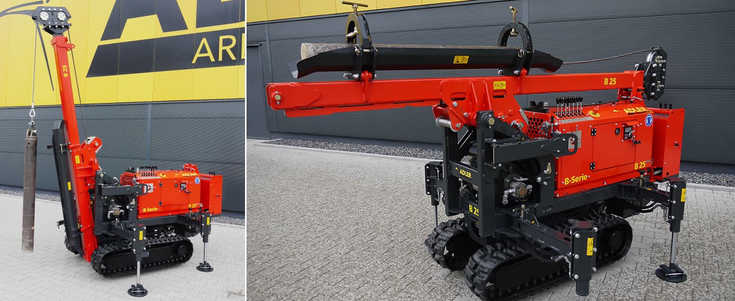 Red compact tracked pile driver photographed with its mast erected and folded. Reference equipment photograph.