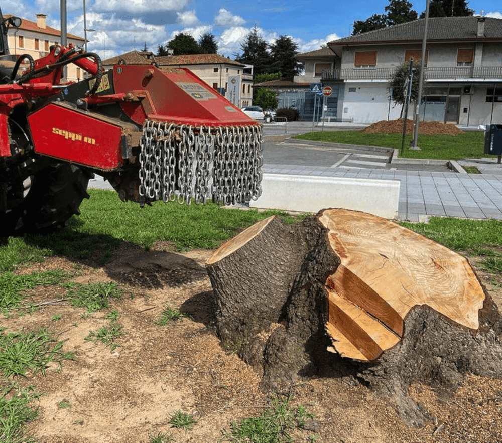 SEPPI KASTOR tractor-mounted stump grinder reference shown working on a stump.