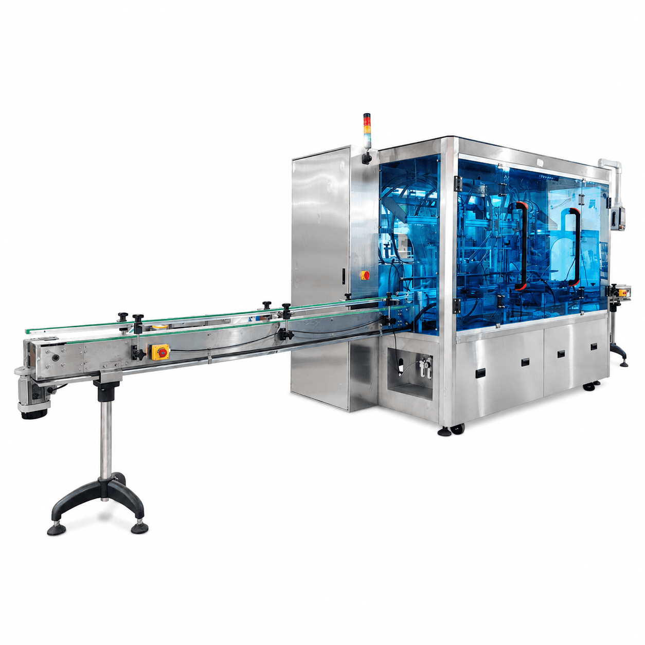 Manufacturer illustration of lEKA sauce filling and bottle-handling reference configuration with an enclosed filling section and conveyor. Manufacturer product illustration.