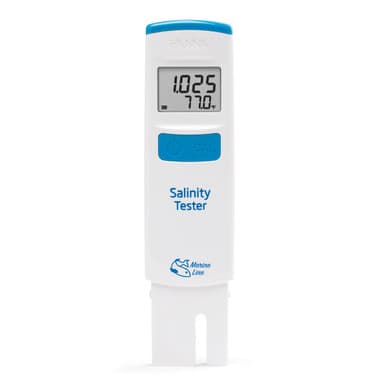 Hanna HI98319 handheld salinity-temperature tester with its digital display and probe cap. Reference equipment photograph.