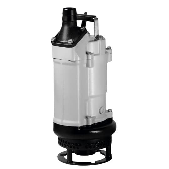 Silver and black submersible sand pump with a handle, discharge outlet and bottom agitation assembly. Reference equipment photograph.