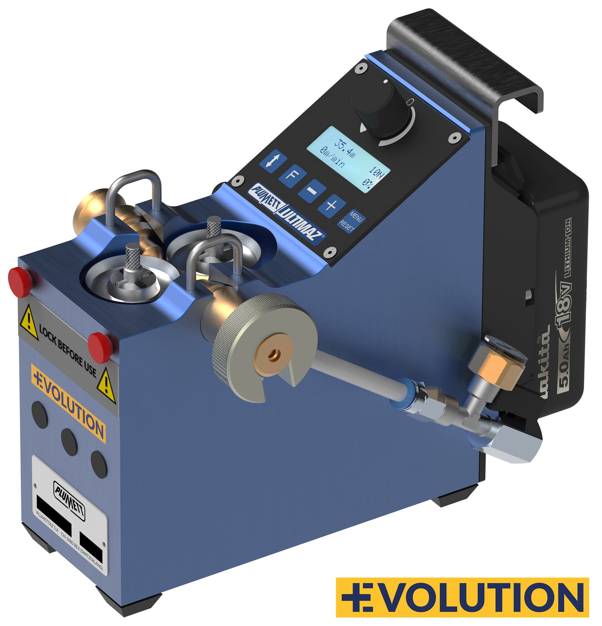 Manufacturer product illustration of a blue battery-powered fiber jetting machine with controls, rollers and an air connection. Manufacturer product illustration.