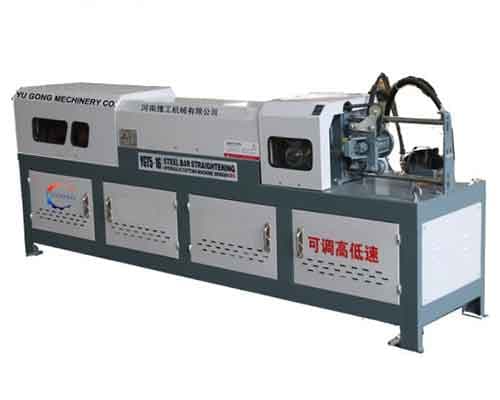 Long grey reinforcing-bar straightening and cutting machine with guarded process sections. Reference equipment photograph.