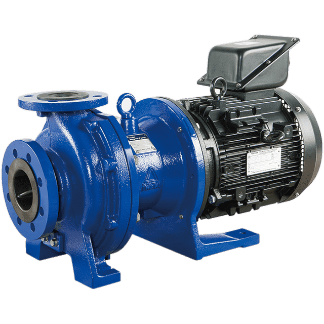 Blue magnetic drive chemical pump with a black motor and horizontal base. Reference equipment photograph.