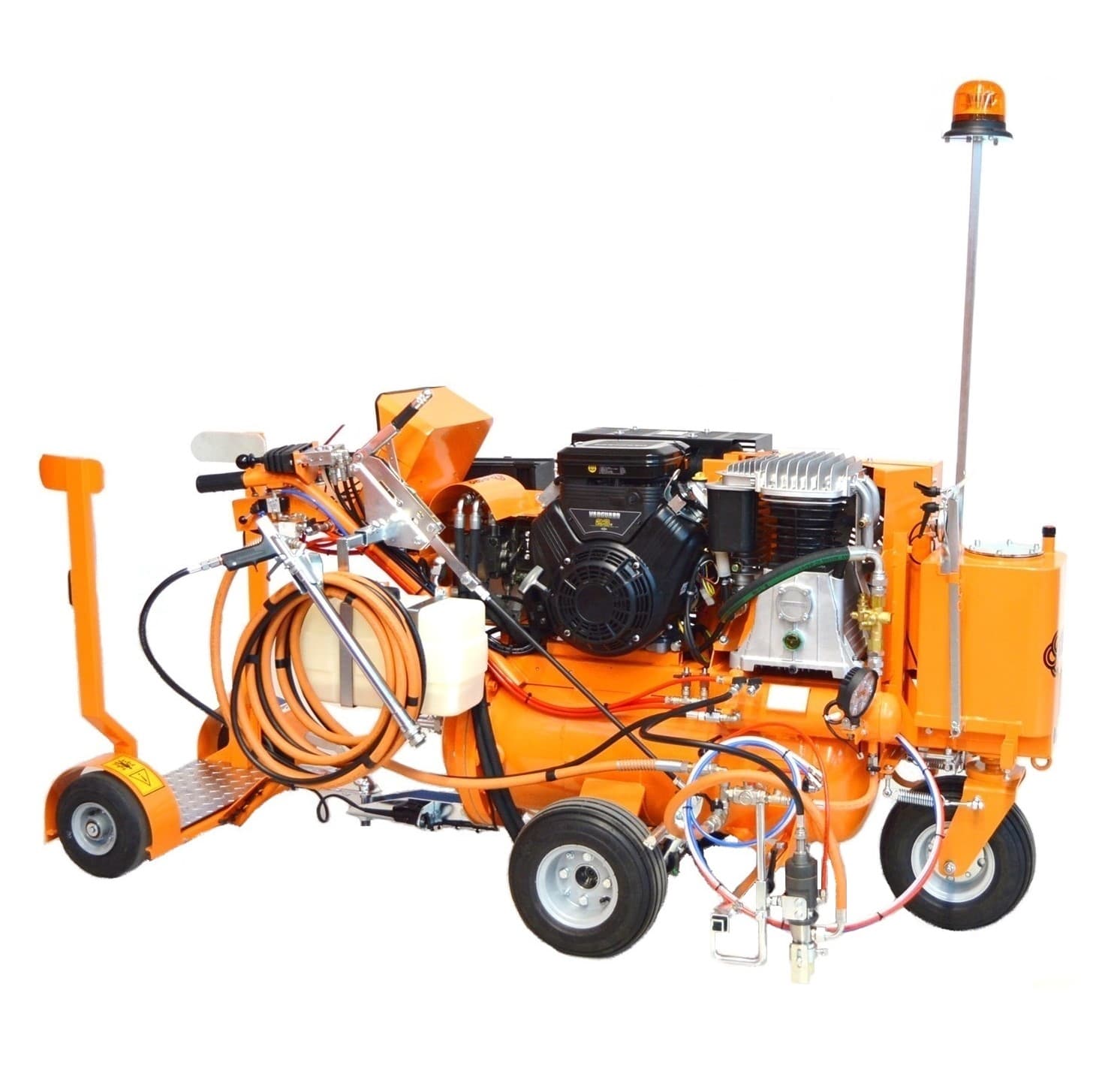 CMC L90-NST airspray road marker with a compressor, paint tank, hoses and wheel-mounted marking assembly. Reference equipment photograph.