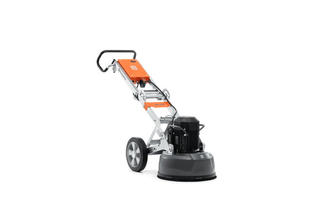 Husqvarna PG 450 floor grinder in a studio product photograph, with adjustable handle, electric drive, wheels and circular grinding-head enclosure. Reference equipment photograph.