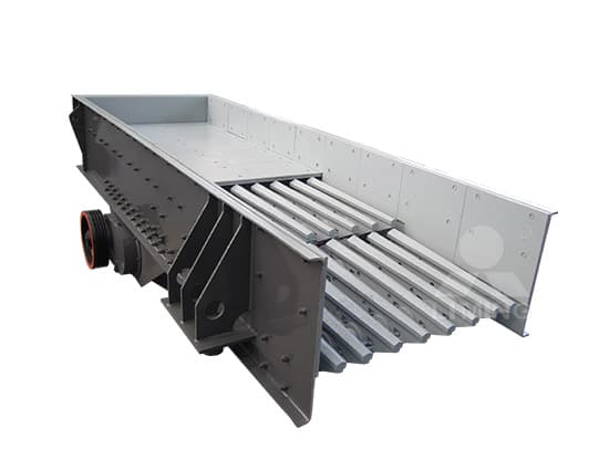 Manufacturer technical product illustration of a TSW vibrating feeder with rectangular feed trough, grizzly bars and drive assembly. Manufacturer product illustration.