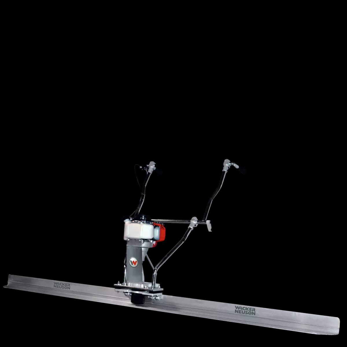 Vibratory screed with a long straight beam and engine-driven operator handle. Reference equipment photograph.