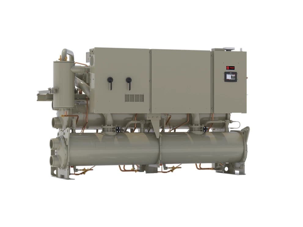 Trane manufacturer product presentation of a Series R water-cooled screw chiller. Manufacturer product illustration.