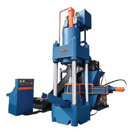 Manufacturer illustration of pathak metal-chip briquetting press with a vertical hydraulic cylinder, feed mechanism and controls. Manufacturer product illustration.