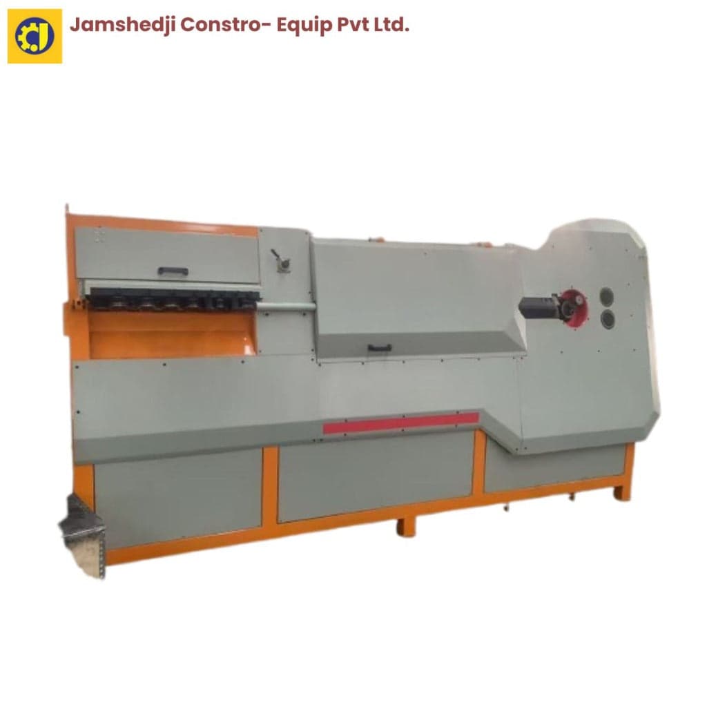 Long orange and grey automatic stirrup bending machine with guarded feed and forming areas. Reference equipment photograph.