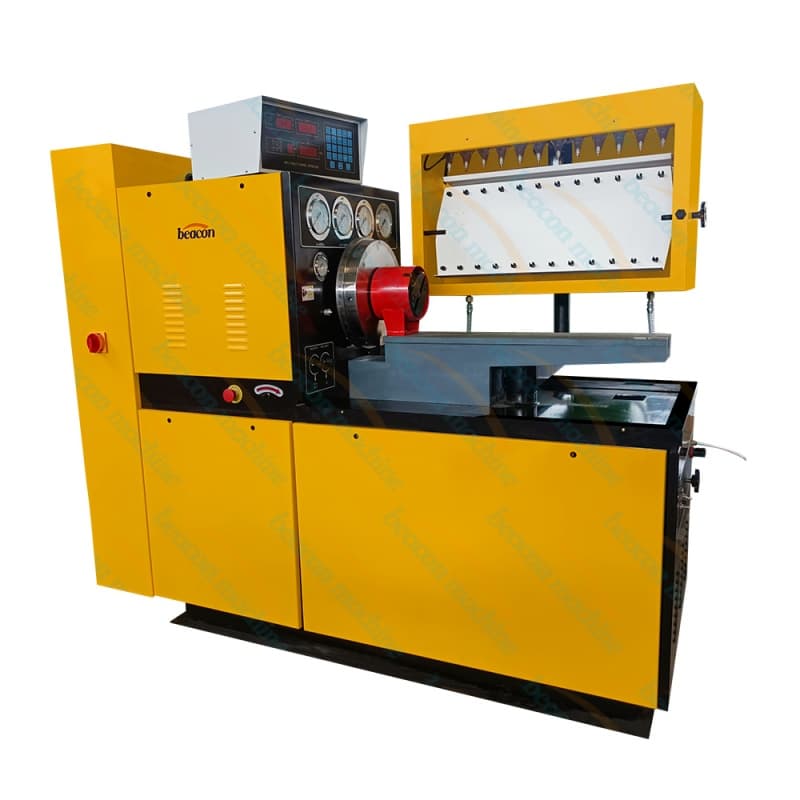 Yellow mechanical injection pump test bench with a driven pump mounting shaft and a row of measuring channels. Reference equipment photograph.