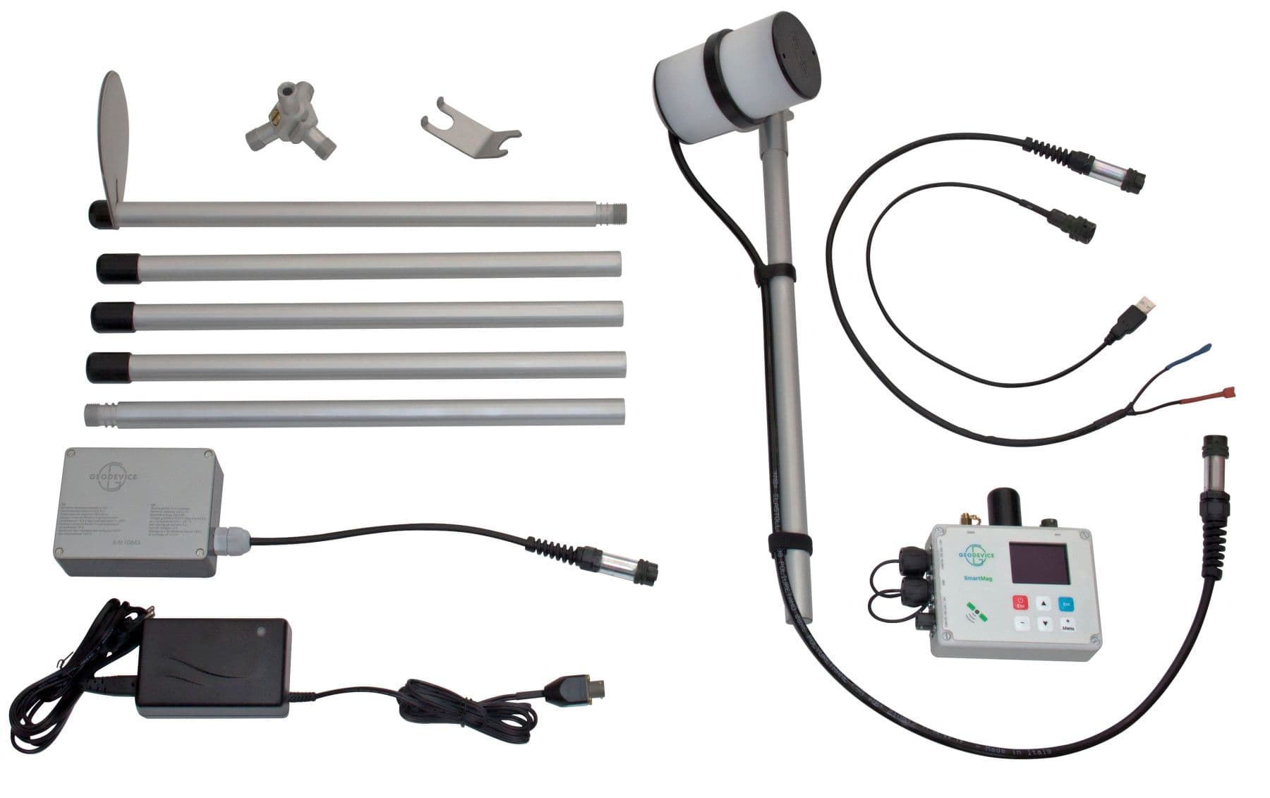Magnetometer sensor, console, poles and cables arranged as a delivery set. Reference equipment photograph.