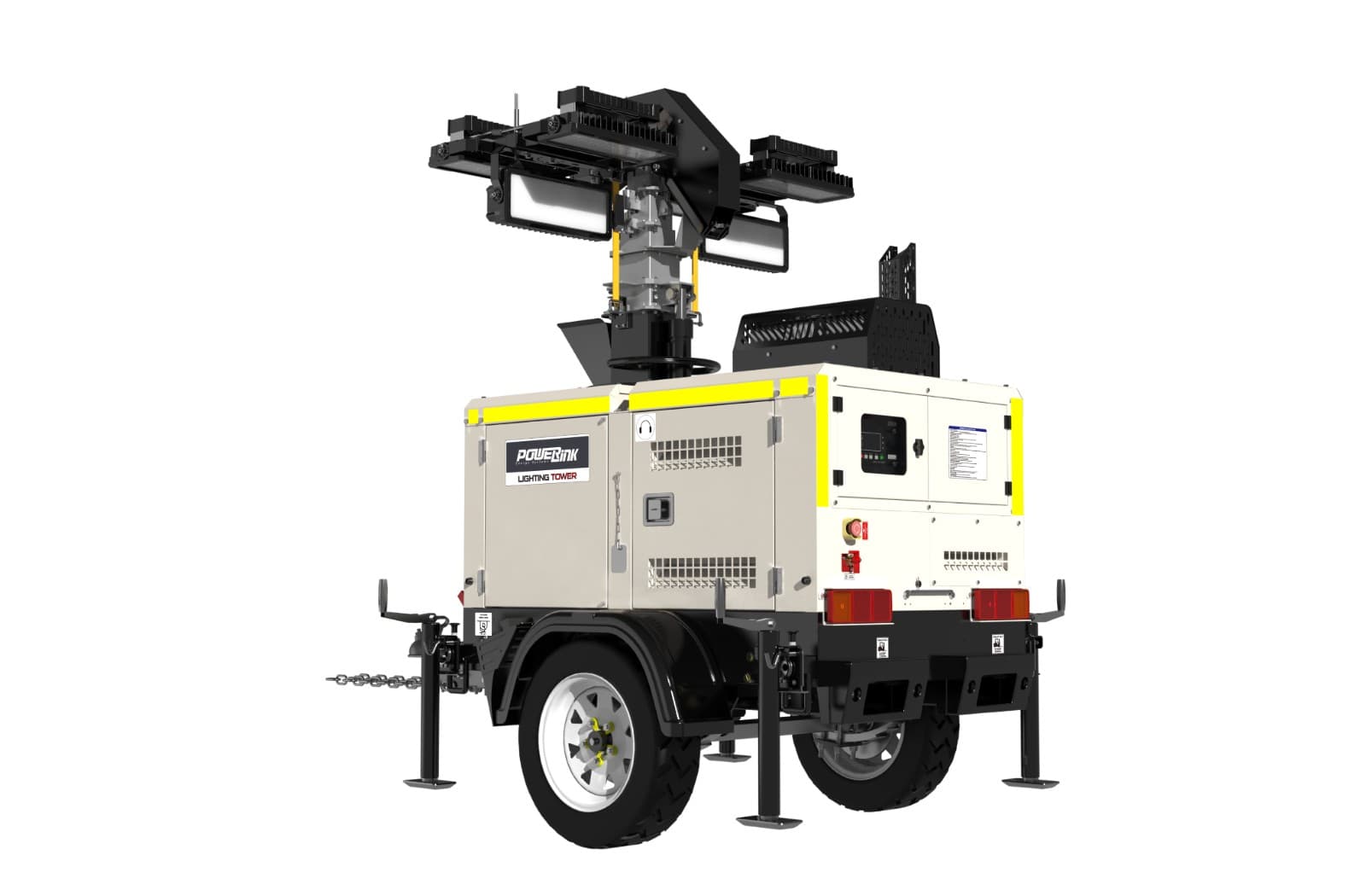 PowerLink trailer-mounted LED lighting tower with folded mast and light heads. Reference equipment photograph.