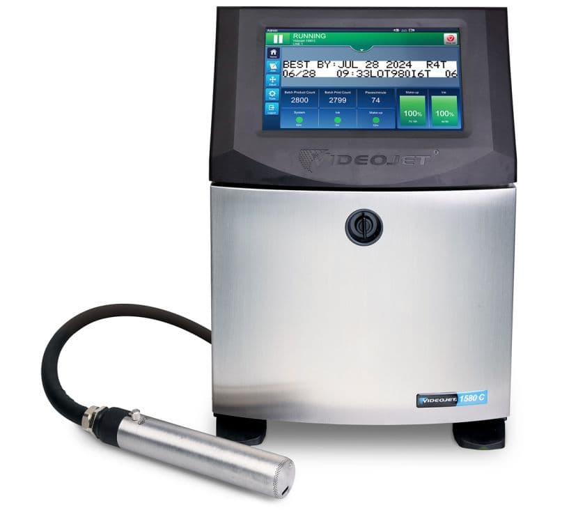 Videojet 1580C continuous inkjet printer with remote printhead. Reference equipment photograph.