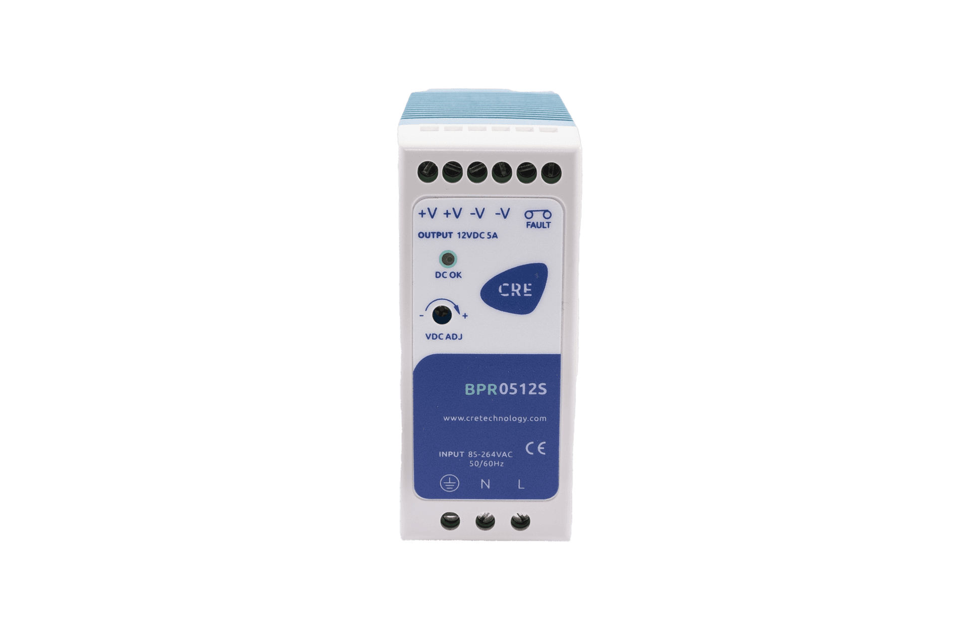 CRE BPR starting-battery charger with DIN-rail housing and wiring terminals. Reference equipment photograph.