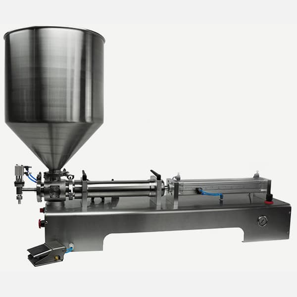 Right Stuff Equipment piston paste filler with a hopper, horizontal metering cylinder and outlet nozzle. Reference equipment photograph.