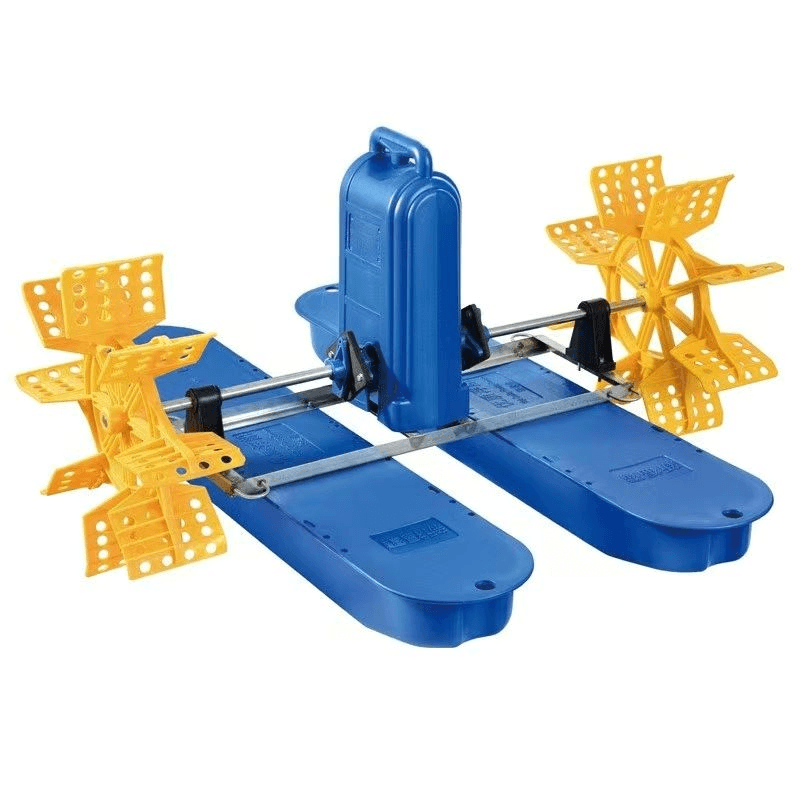 Manufacturer illustration of an AEROXY paddlewheel aerator with floats, motor and paddle assemblies. Manufacturer product illustration.
