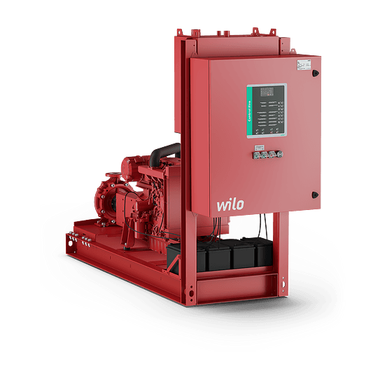 Manufacturer product illustration of a red diesel fire pump package with controller, engine equipment and base frame. Manufacturer product illustration.