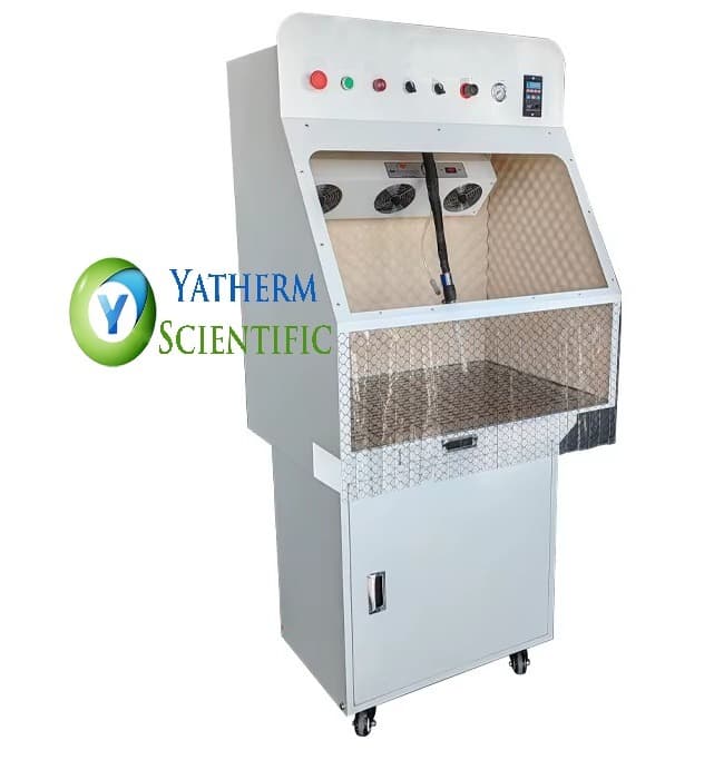 Yatherm enclosed dry ice cleaning machine with controls and gloved access. Reference equipment photograph.