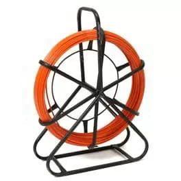 Orange fiberglass duct rod wound on a black metal reel frame. Reference equipment photograph.