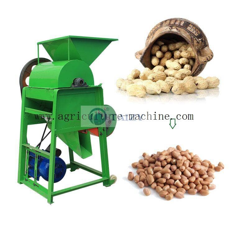 Green groundnut sheller with feed hopper, belt drive and separating outlets, shown with peanuts and kernels in a manufacturer product photograph; watermark retained. Reference equipment photograph.