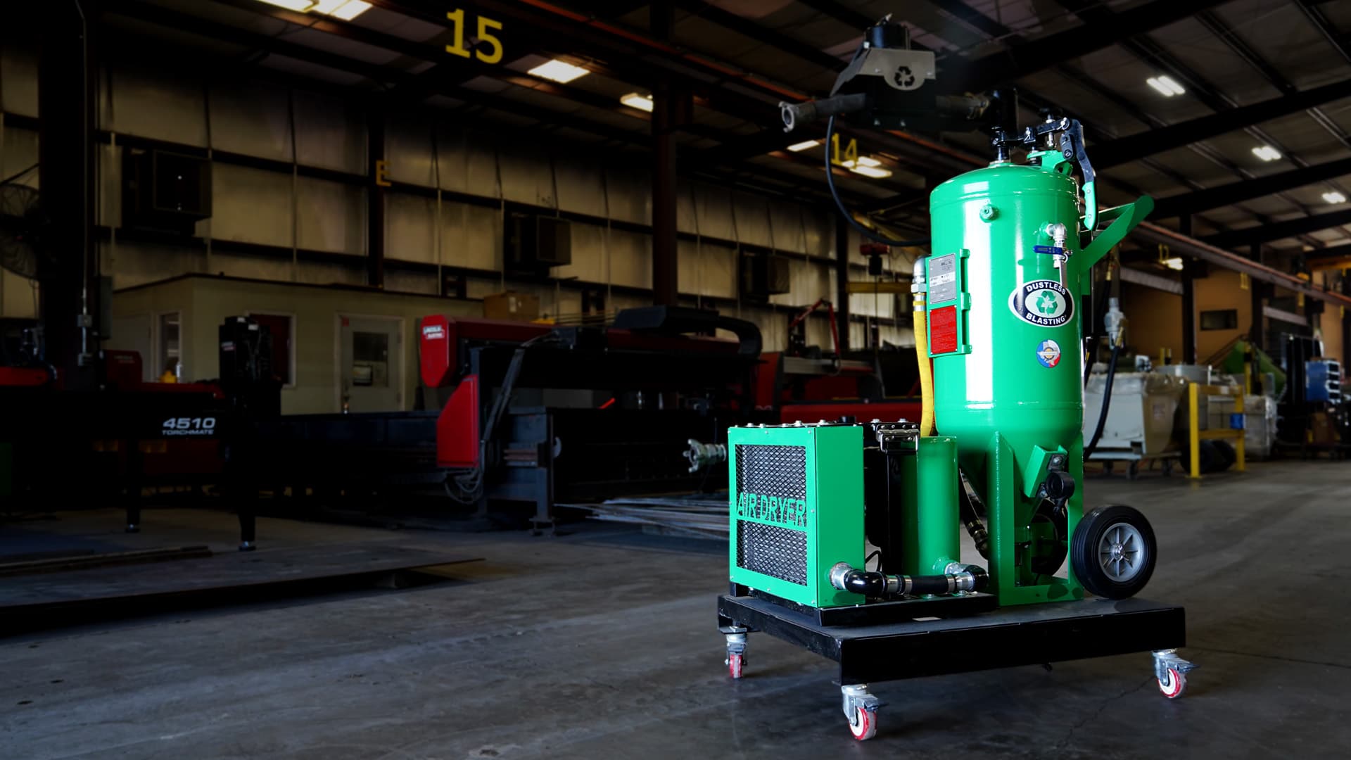 Dustless Blasting DB350 cart and air-drying equipment in a workshop