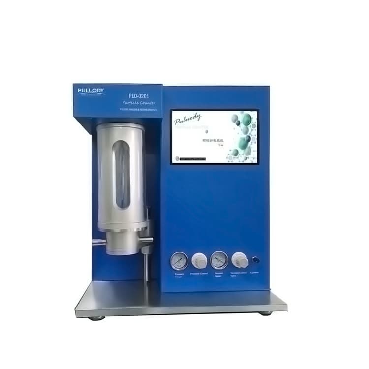 Blue oil particle counter with sample chamber, display and control buttons. Reference equipment photograph.